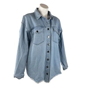 Denim Jacket‎ Shacket Released Frayed Hem Button Up Light Wash Pockets Womens L